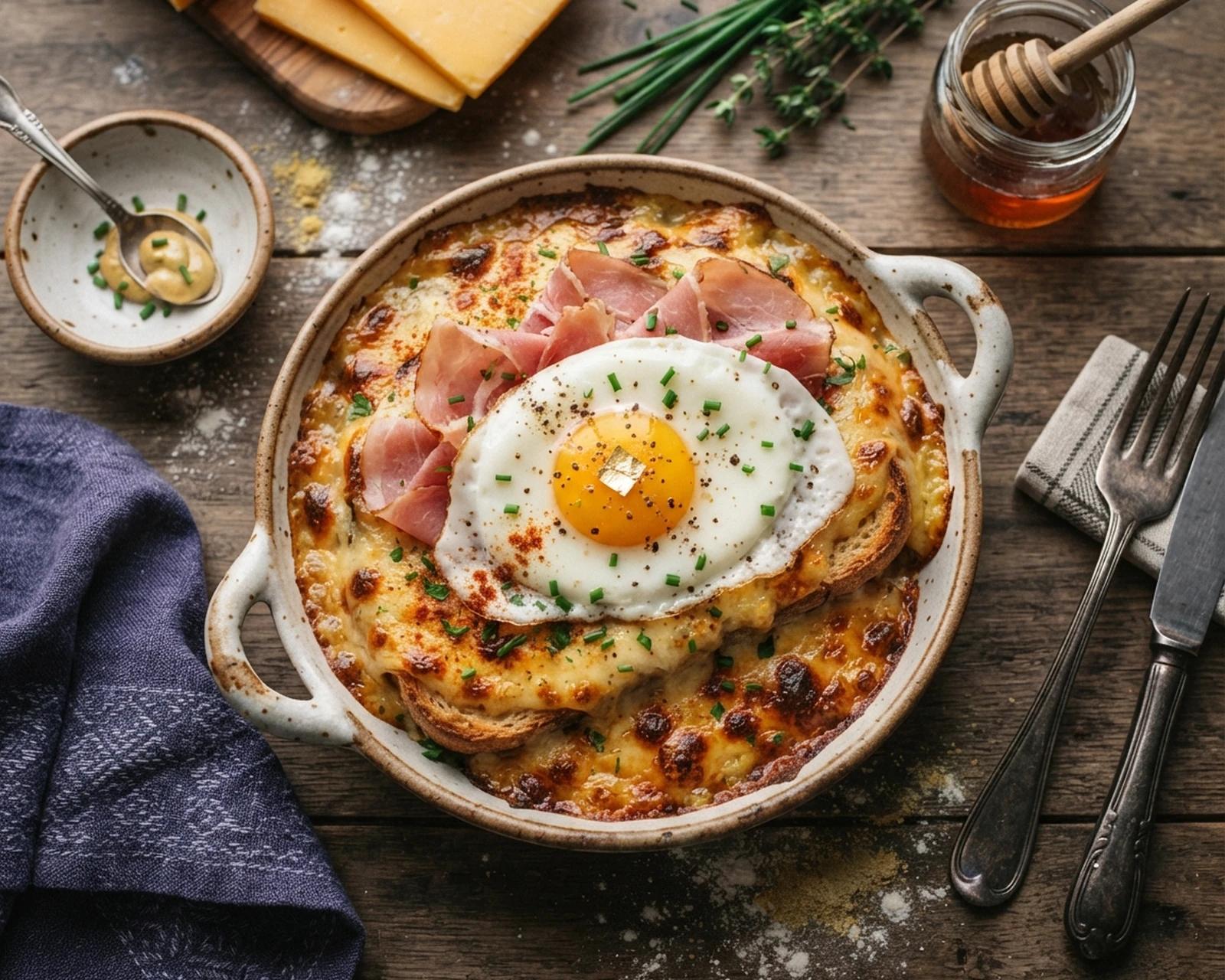 Welsh complet maison présenté dans son plat de service, avec sa texture et sa garniture visibles
