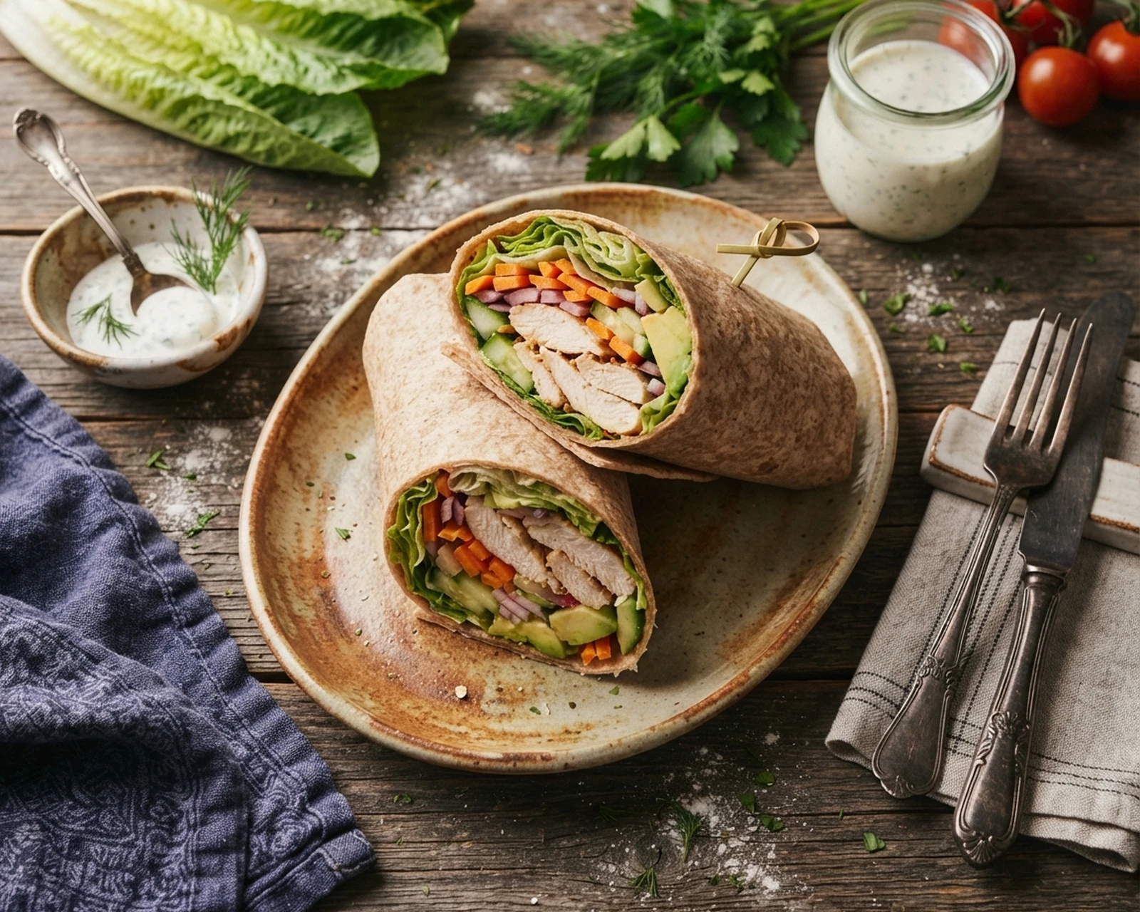 Wrap froid au poulet et aux crudités présentés dans un plat de service, avec la texture et la garniture visibles