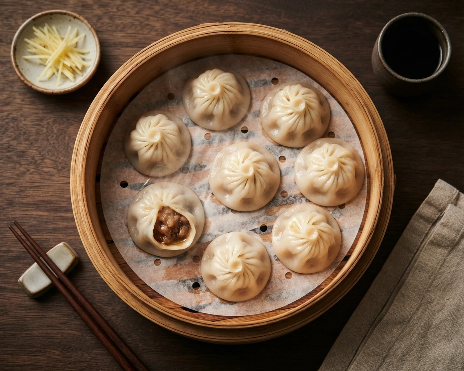 Vue rapprochée de xiaolongbao dressé et prêt à être servi