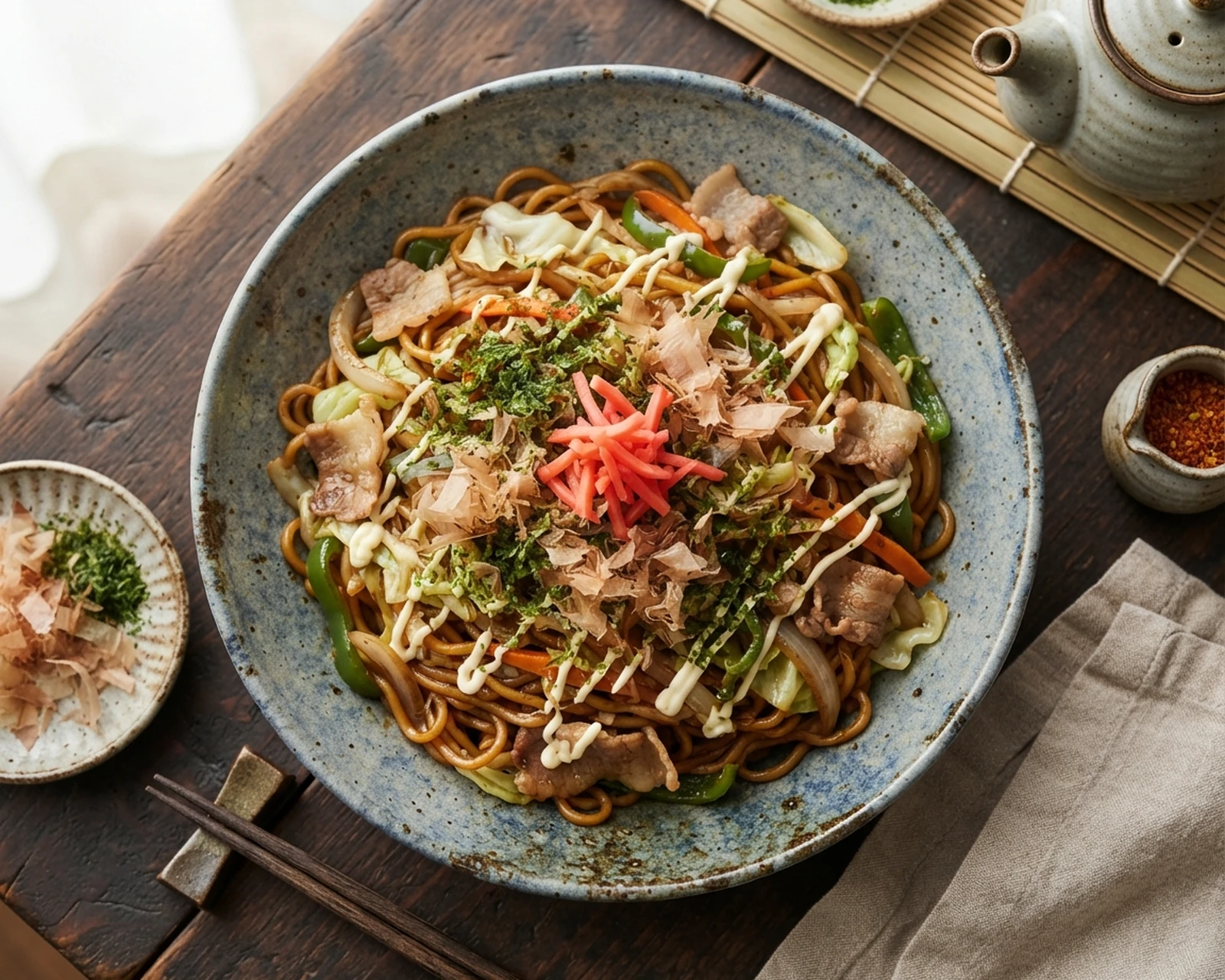 Vue rapprochée de yakisoba dressé et prêt à être servi